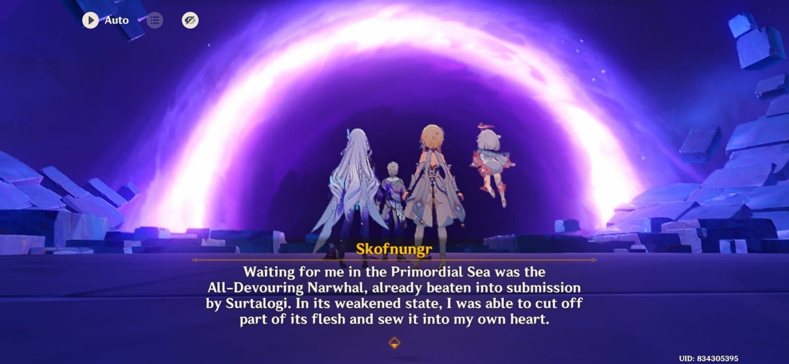 Skofnungr explaining what Surtalogi did to improve his strength in Skirk's story quest (Image via HoYoverse)